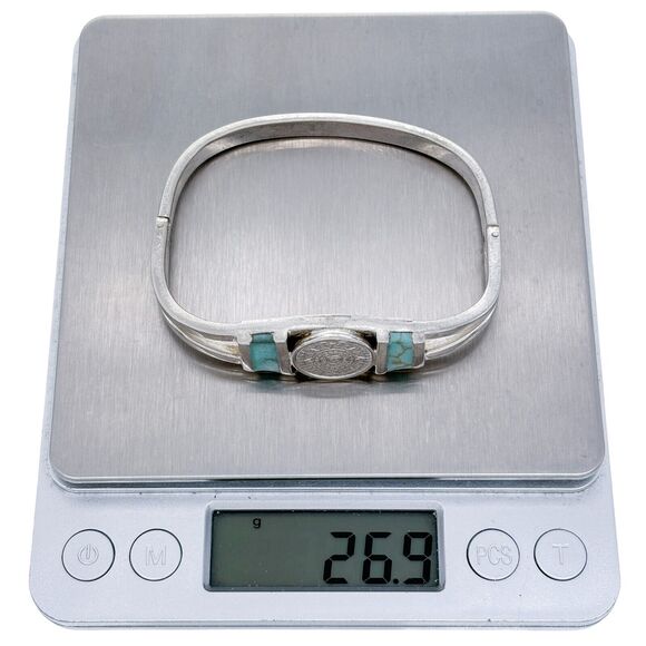 Vintage Sterling Silver 925 Aztec Calendar Magnesite Inlay Bracelet 6.5" - Picture 6 of 7